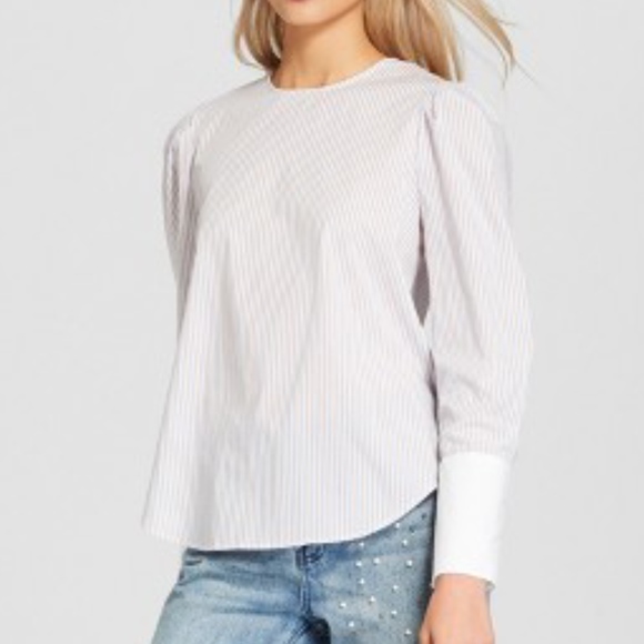 Who What Wear Tops - Who What Wear Yellow Blue Stripe Blouse Bubble Top